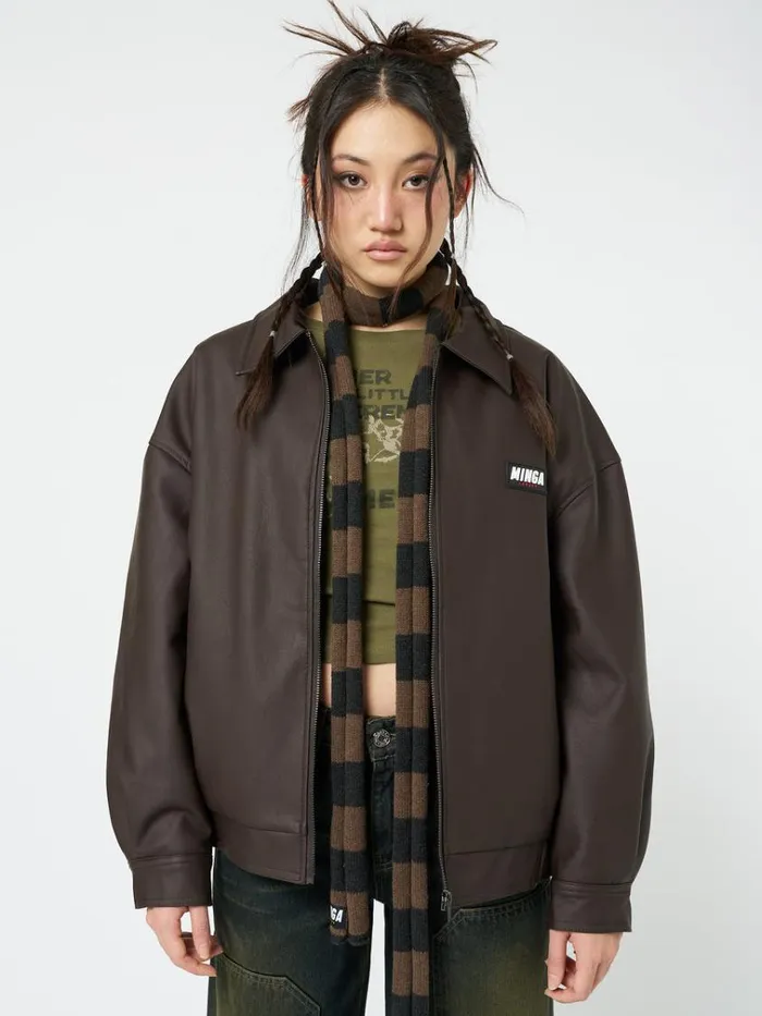 Clothing Nora Vegan Leather Bomber Jacket In Brown Minga London Jackets