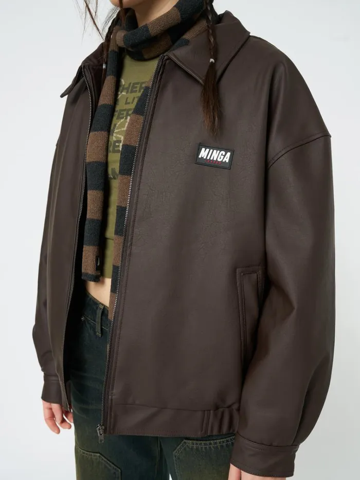 Clothing Nora Vegan Leather Bomber Jacket In Brown Minga London Jackets