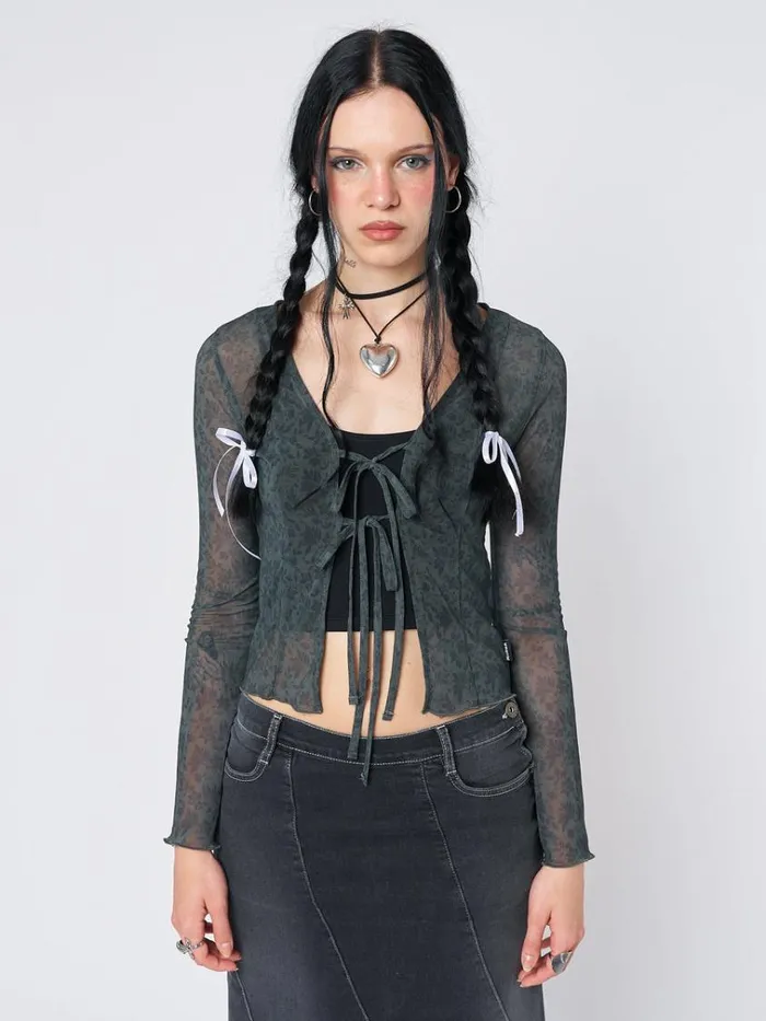 Clothing Nori Green Tie Blouse Top Minga London Long Sleeve Tops