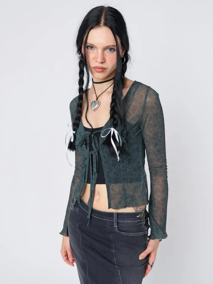 Clothing Nori Green Tie Blouse Top Minga London Long Sleeve Tops