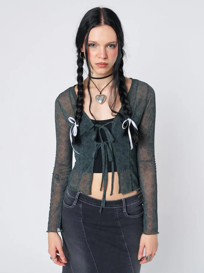 Clothing Nori Green Tie Blouse Top Minga London Long Sleeve Tops