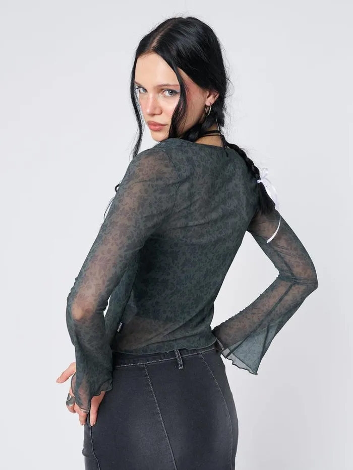 Clothing Nori Green Tie Blouse Top Minga London Long Sleeve Tops