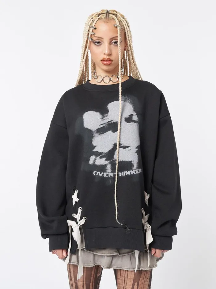 Clothing Overthinker Black Lace Up Sweatshirt Minga London Sweatshirts