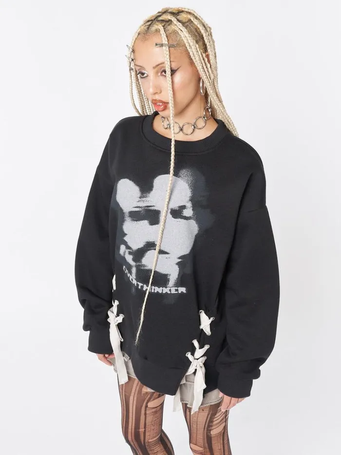 Clothing Overthinker Black Lace Up Sweatshirt Minga London Sweatshirts