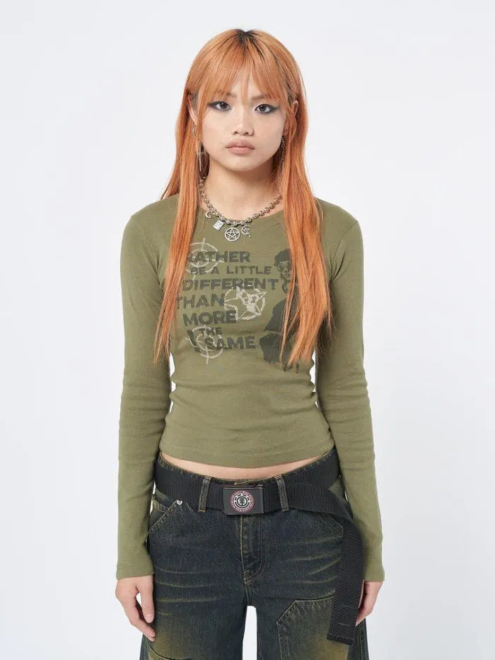 Clothing Rather Be Different Khaki Graphic Top Minga London Long Sleeve Tops