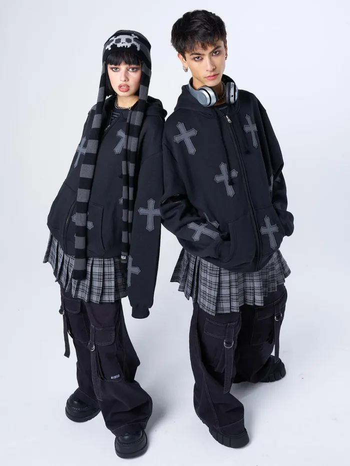 Clothing Raven Cross Patch Oversized Zip Up Hoodie Minga London Jackets