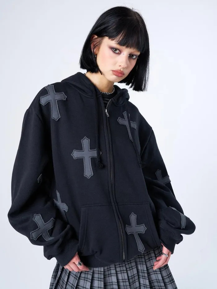 Clothing Raven Cross Patch Oversized Zip Up Hoodie Minga London Jackets