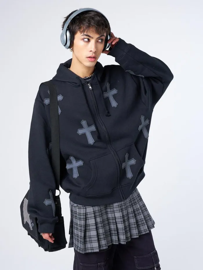 Clothing Raven Cross Patch Oversized Zip Up Hoodie Minga London Jackets