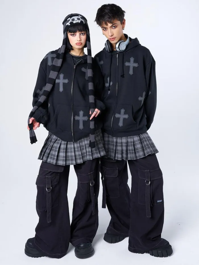 Clothing Raven Cross Patch Oversized Zip Up Hoodie Minga London Jackets