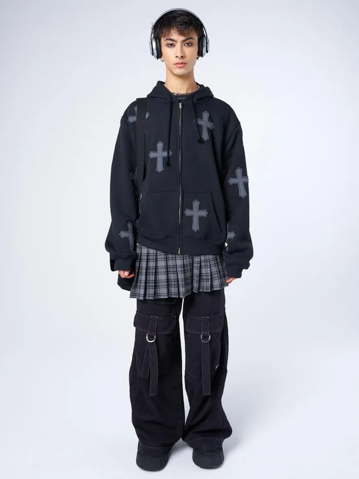 Clothing Raven Cross Patch Oversized Zip Up Hoodie Minga London Jackets
