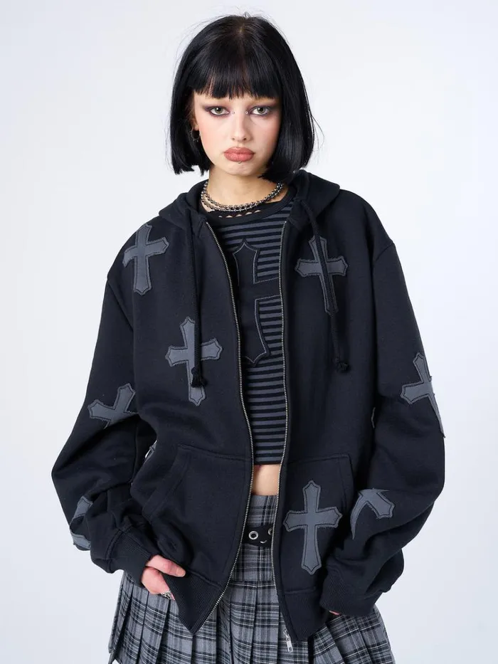 Clothing Raven Cross Patch Oversized Zip Up Hoodie Minga London Jackets