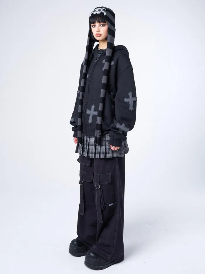 Clothing Raven Cross Patch Oversized Zip Up Hoodie Minga London Jackets