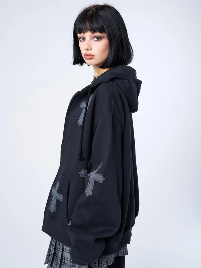Clothing Raven Cross Patch Oversized Zip Up Hoodie Minga London Jackets