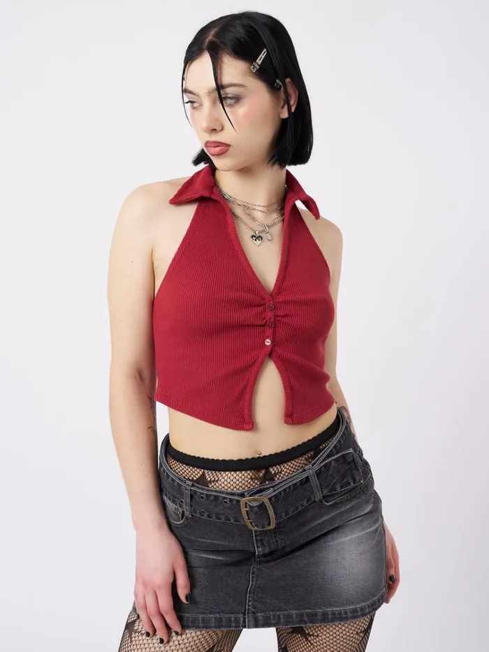 Clothing Raya Red Halter Neck Collar Top Minga London Crop Tops