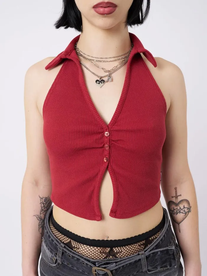 Clothing Raya Red Halter Neck Collar Top Minga London Crop Tops