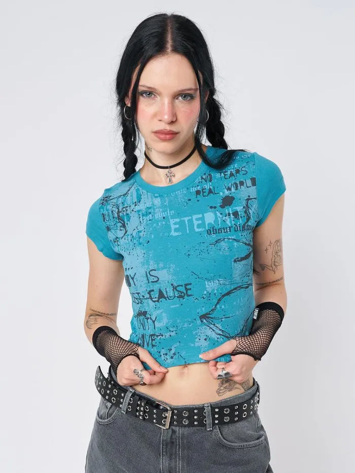 Clothing Real World Blue Graphic Baby Tee Minga London Crop Tops