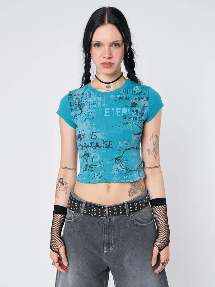 Clothing Real World Blue Graphic Baby Tee Minga London Crop Tops