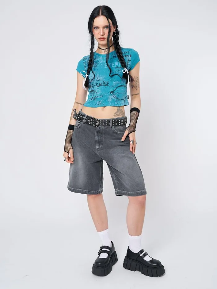 Clothing Real World Blue Graphic Baby Tee Minga London Crop Tops