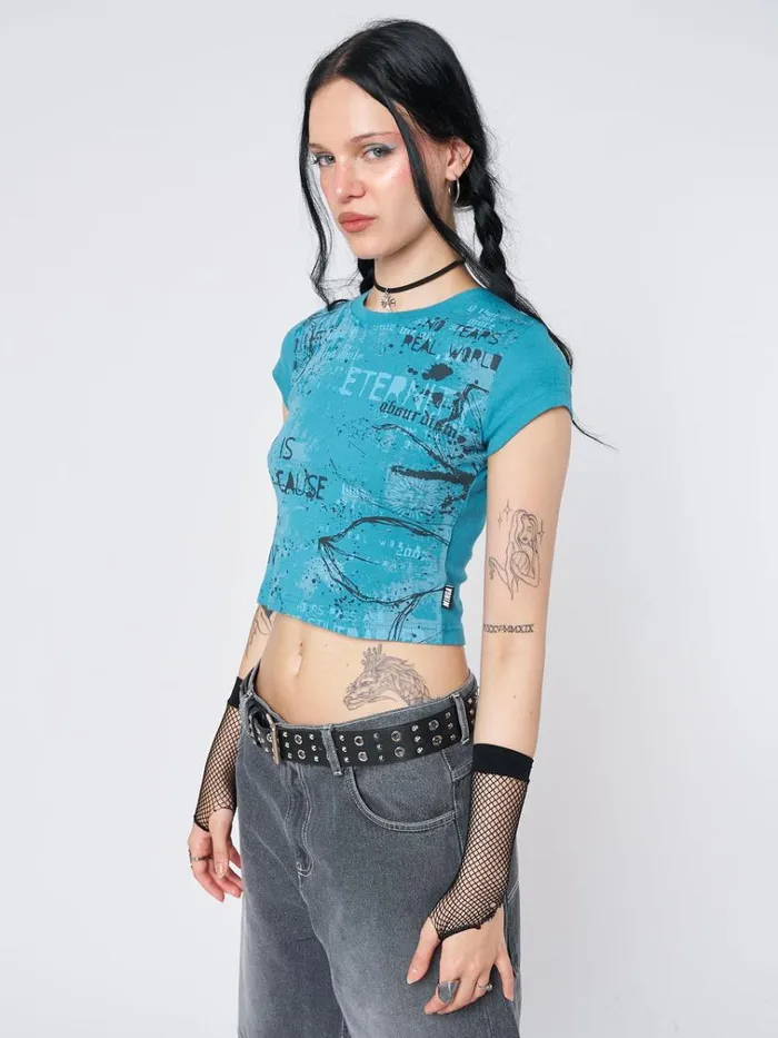 Clothing Real World Blue Graphic Baby Tee Minga London Crop Tops