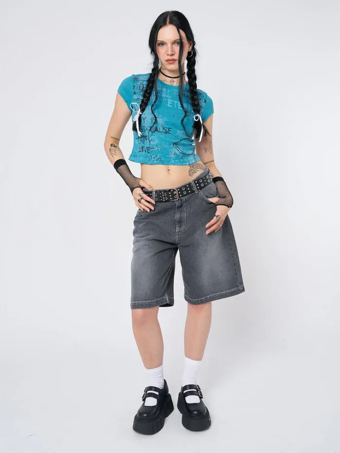 Clothing Real World Blue Graphic Baby Tee Minga London Crop Tops