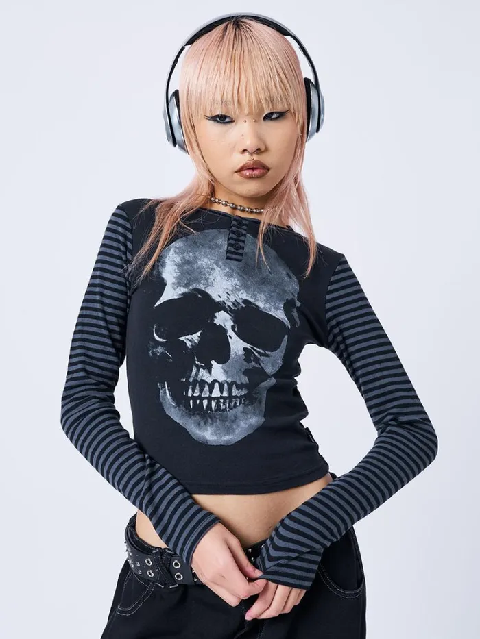 Clothing Reeper Skull Half Button Striped Top Minga London Long Sleeve Tops