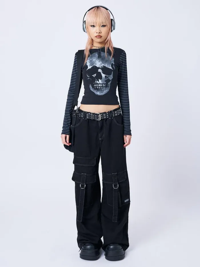 Clothing Reeper Skull Half Button Striped Top Minga London Long Sleeve Tops