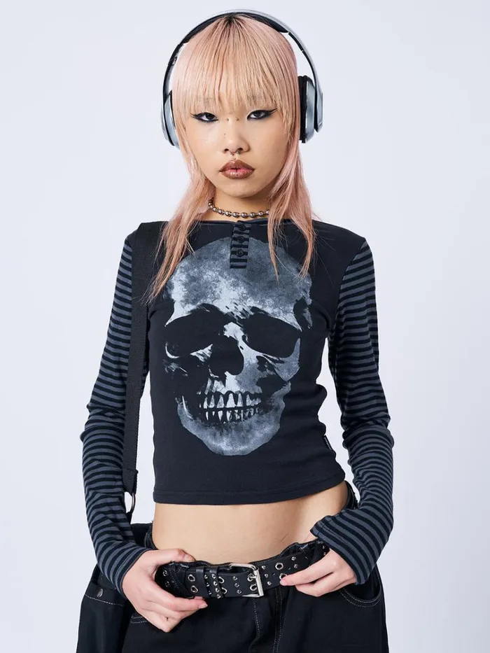 Clothing Reeper Skull Half Button Striped Top Minga London Long Sleeve Tops