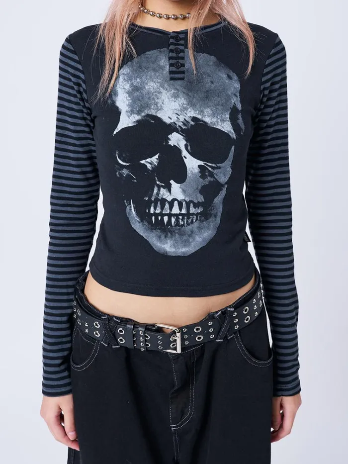 Clothing Reeper Skull Half Button Striped Top Minga London Long Sleeve Tops