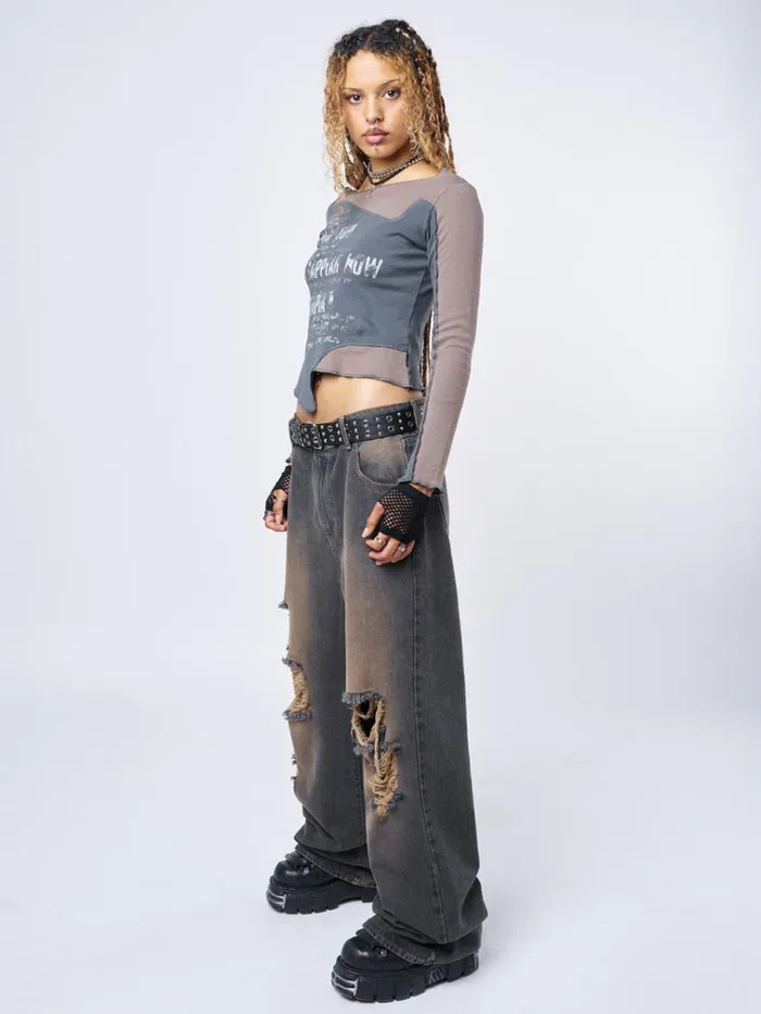 Clothing RIP039 Washed Grey Loose Baggy Jeans Minga London Jeans