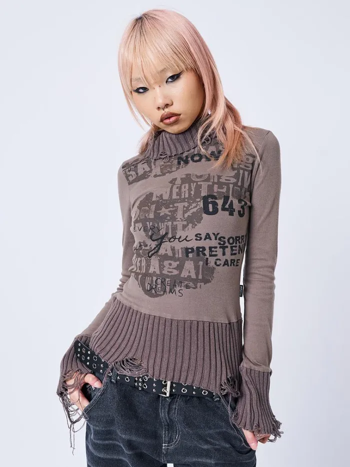 Clothing Say Sorry Distressed High Neck Top Minga London Long Sleeve Tops