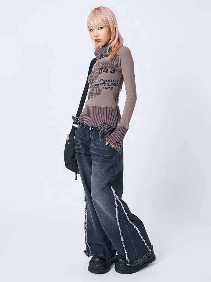 Clothing Say Sorry Distressed High Neck Top Minga London Long Sleeve Tops