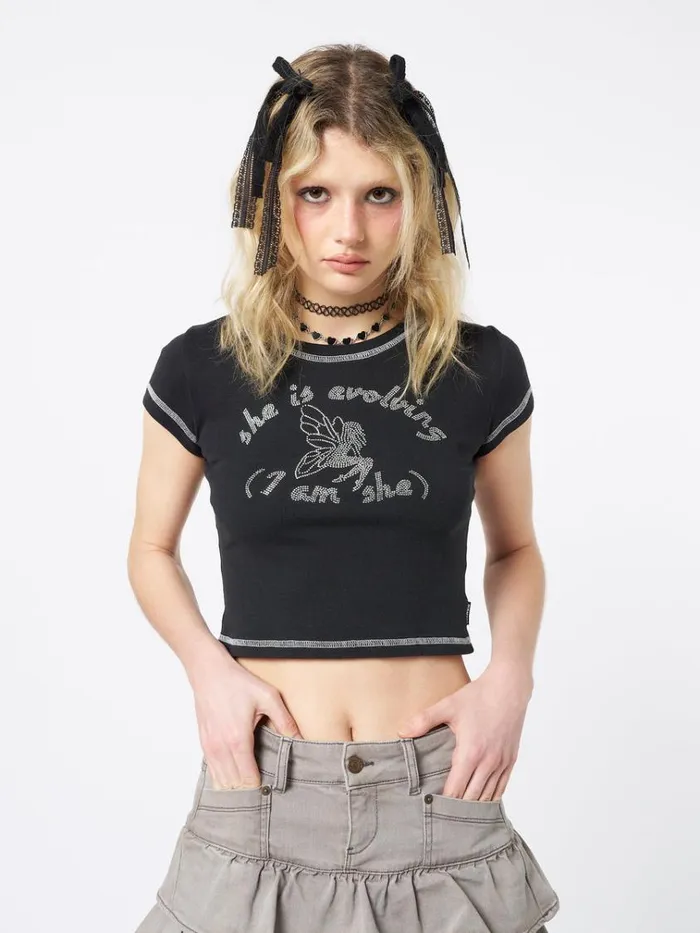 Clothing She Is Evolving Black Baby Tee Minga London Crop Tops