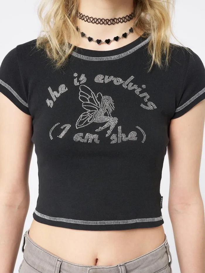 Clothing She Is Evolving Black Baby Tee Minga London Crop Tops