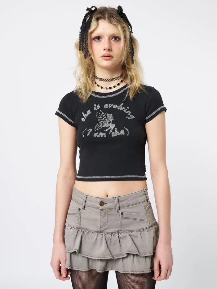 Clothing She Is Evolving Black Baby Tee Minga London Crop Tops