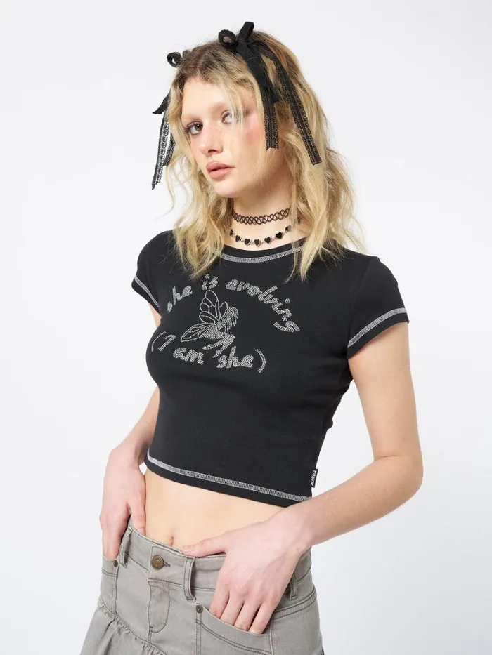 Clothing She Is Evolving Black Baby Tee Minga London Crop Tops