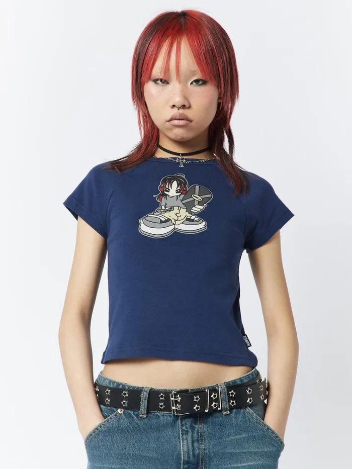 Clothing Skater Girl Graphic Blue Baby Tee Minga London Crop Tops