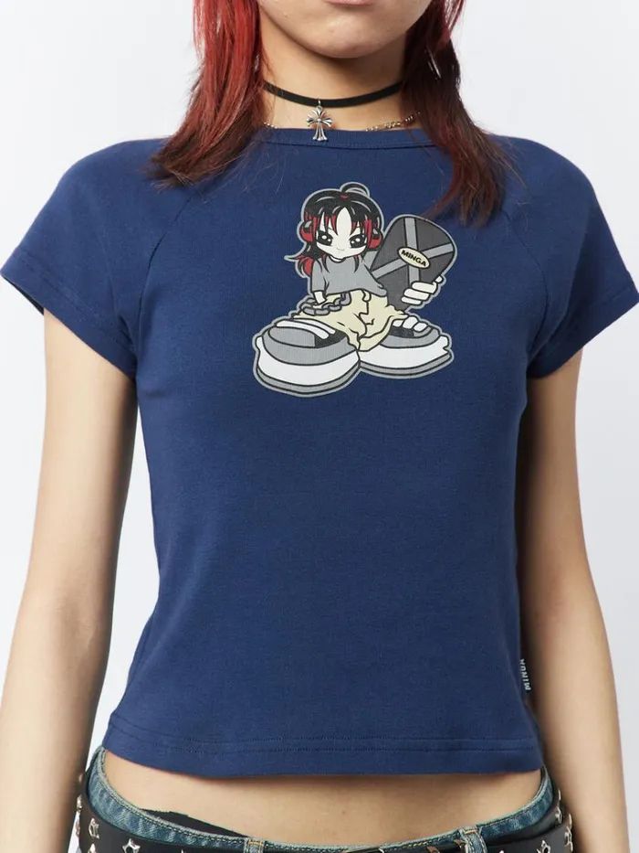 Clothing Skater Girl Graphic Blue Baby Tee Minga London Crop Tops