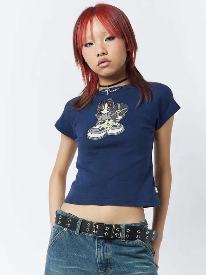Clothing Skater Girl Graphic Blue Baby Tee Minga London Crop Tops