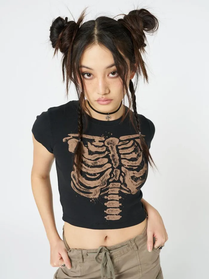 Clothing Skeleton Black Graphic Print Baby Tee Minga London Crop Tops