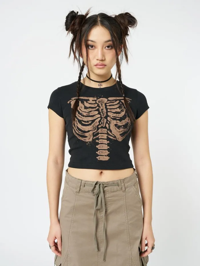Clothing Skeleton Black Graphic Print Baby Tee Minga London Crop Tops