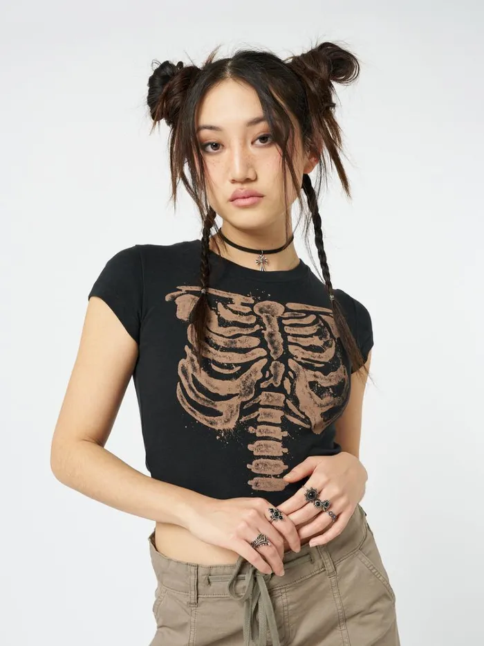 Clothing Skeleton Black Graphic Print Baby Tee Minga London Crop Tops