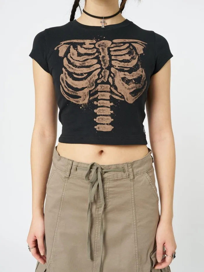 Clothing Skeleton Black Graphic Print Baby Tee Minga London Crop Tops