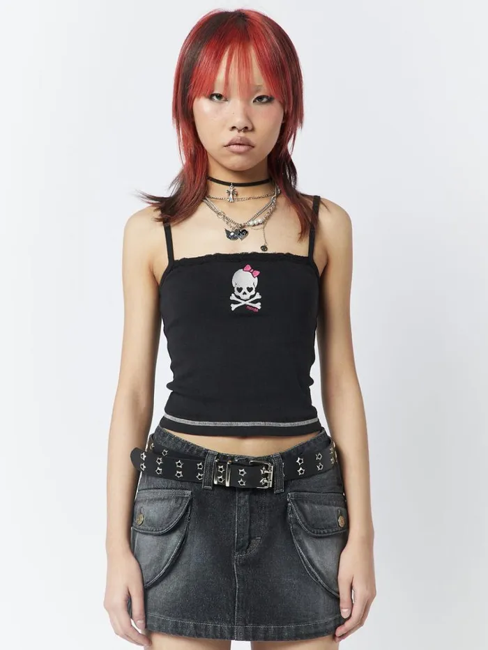 Clothing Skull Girl Black Lace Trim Cami Top Minga London Crop Tops