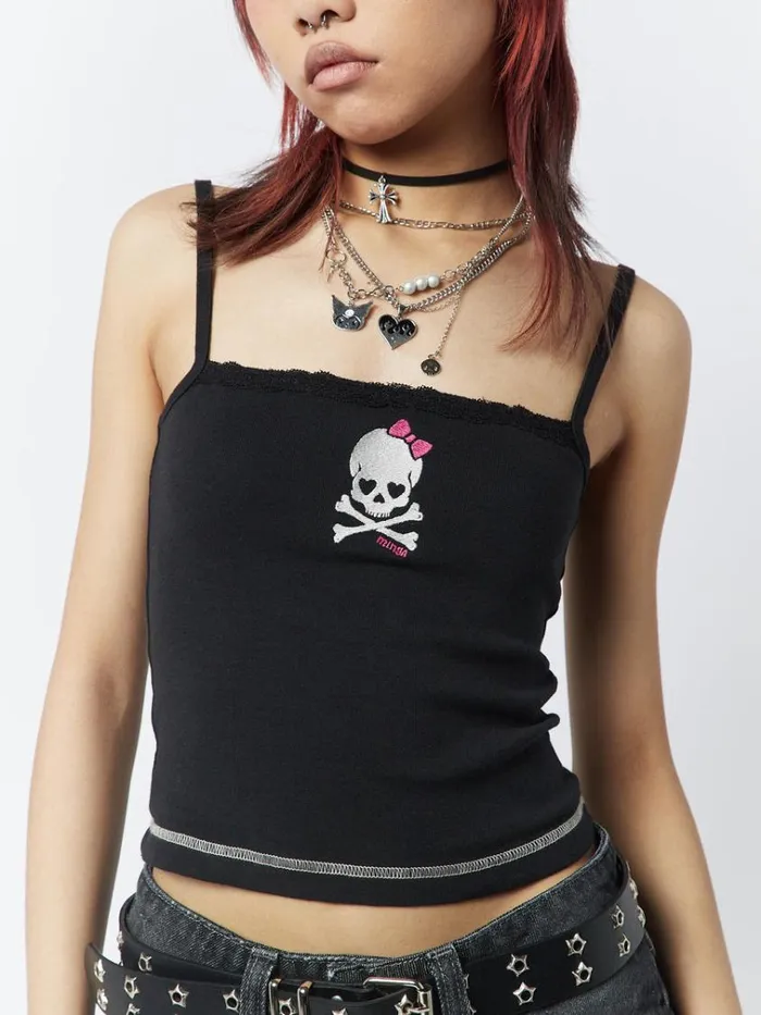 Clothing Skull Girl Black Lace Trim Cami Top Minga London Crop Tops