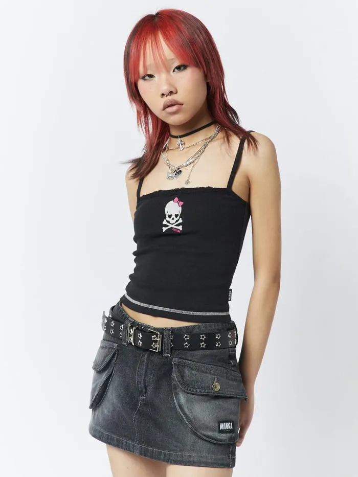 Clothing Skull Girl Black Lace Trim Cami Top Minga London Crop Tops