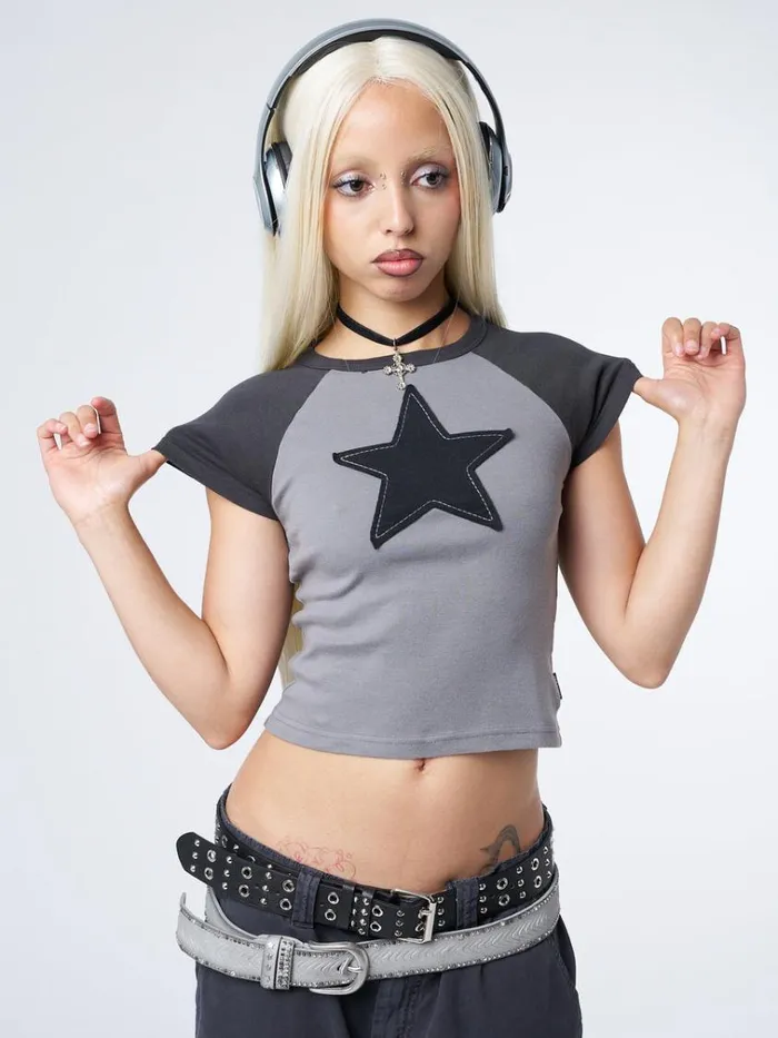 Clothing Starlight Grey Raglan Baby Tee Minga London Crop Tops