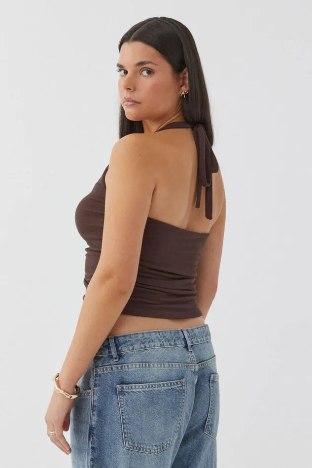 Clothing Supr Going Out Tops Rami Ruched Halter Top Espresso Brown
