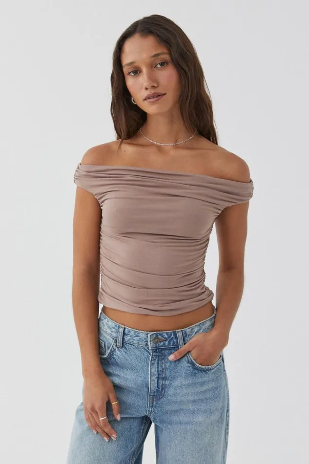 Clothing Supr Going Out Tops Soft Ruched Off The Shoulder Top Toffee Taupe