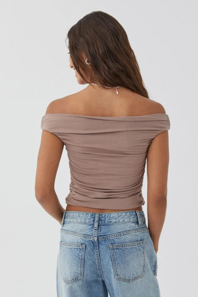 Clothing Supr Going Out Tops Soft Ruched Off The Shoulder Top Toffee Taupe
