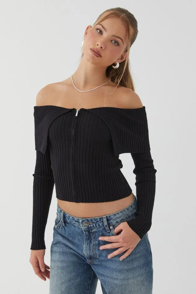 Clothing Supr Knitwear Kenzie Off The Shoulder Rib Knit Black